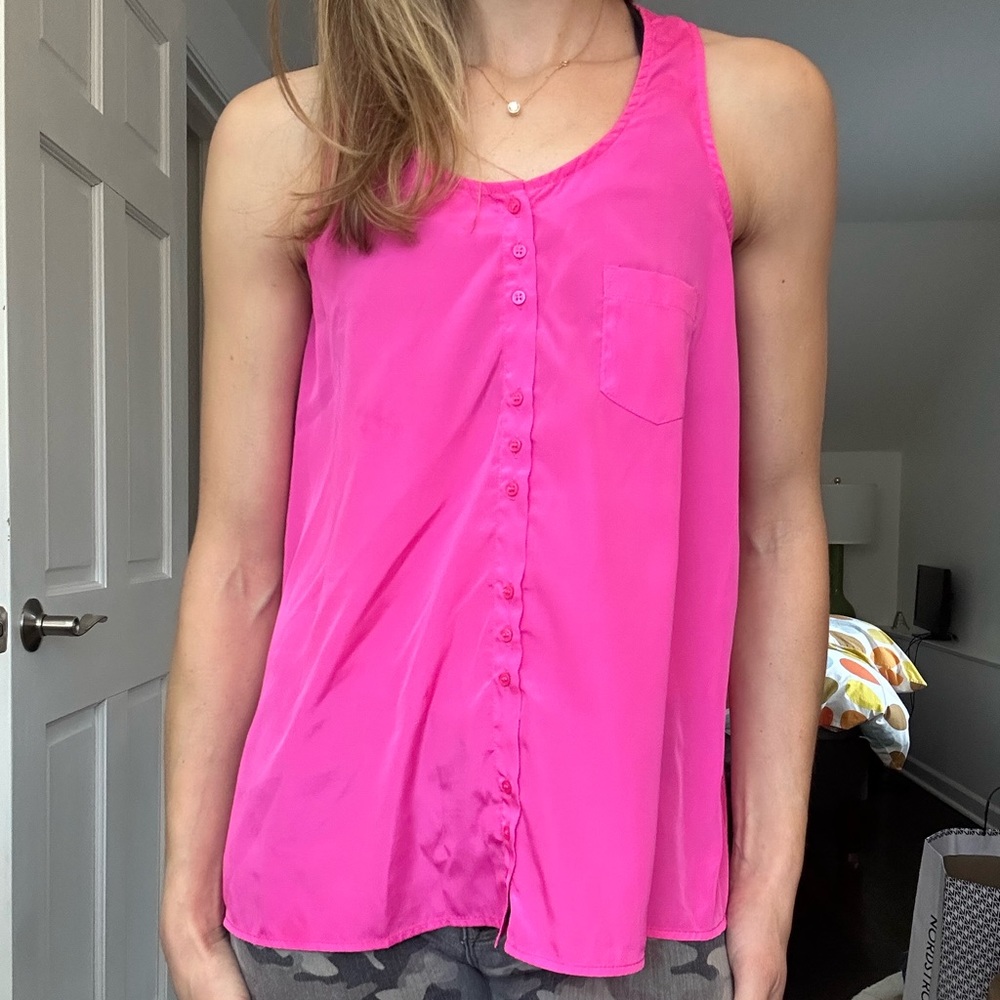 Silky hot pink button down sleeveless blouse